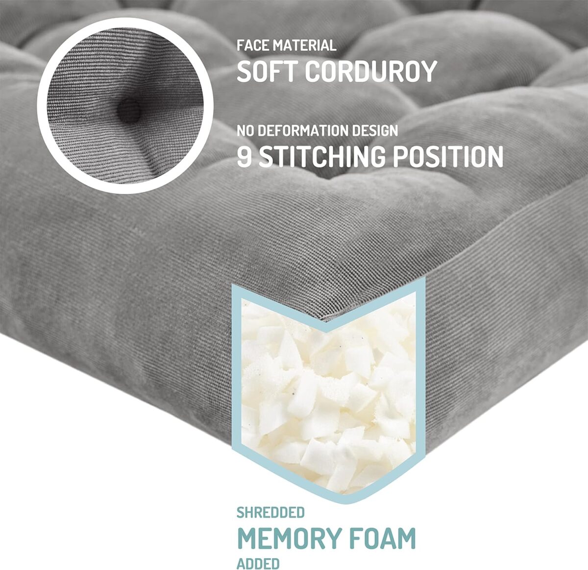 Meditation Floor Pillow Set of 2, Square Large Pillows Seating for Adults, Tufted Corduroy Cushion for Tatami Living Room, Grey, 22x22 Inch - Image 2