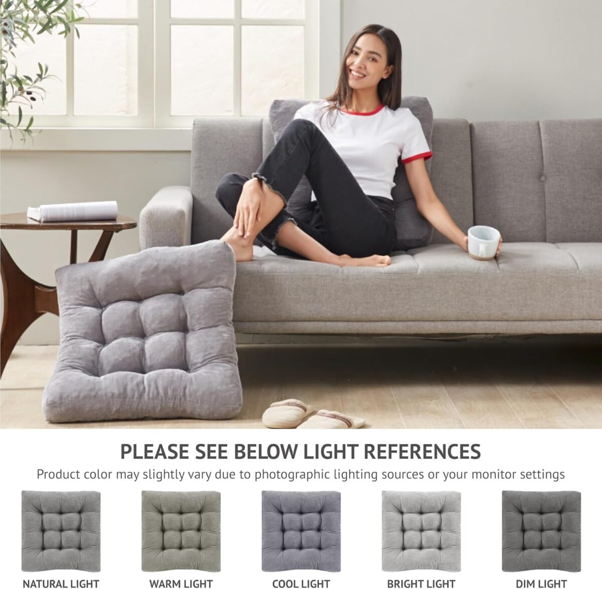 Meditation Floor Pillow Set of 2, Square Large Pillows Seating for Adults, Tufted Corduroy Cushion for Tatami Living Room, Grey, 22x22 Inch - Image 3