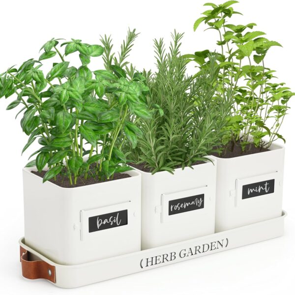PERFNIQUE Indoor Herb Garden, Herb Garden Planter Set with Tray, Farmhouse Indoor Plant Pots, Windowsill Herb Garden with Drainage(Planter only) for Indoor/Outdoor, Window Pots(White)