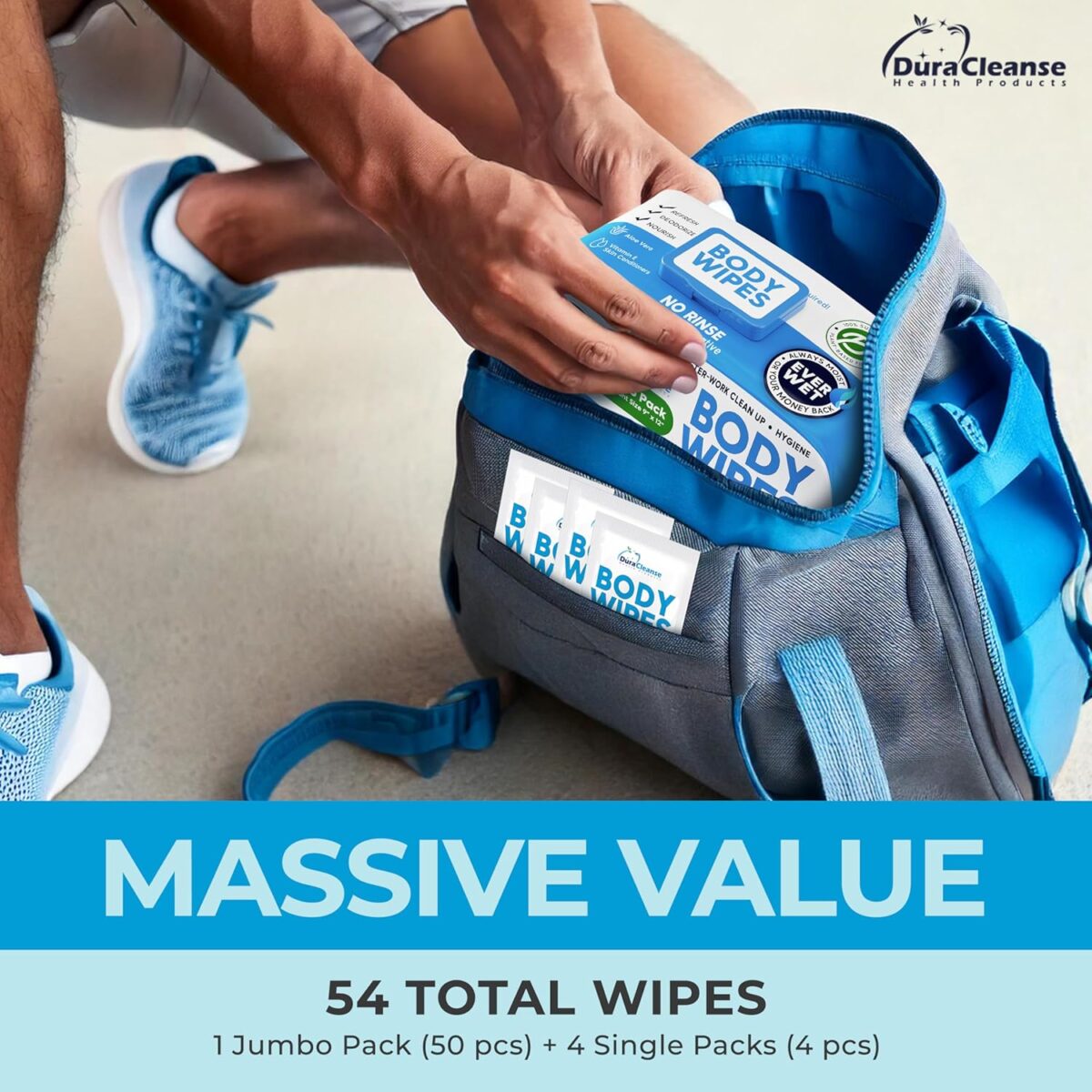 DuraCleanse Body Wipes for Adults Bathing No Rinse (2 Pack) 100 XL Shower Wipes + 8 Travel Bath Sheets - 9" x 12" Extra Thick Adult Disposable Washcloths for Elderly Incontinence & Camping Essentials - Image 2