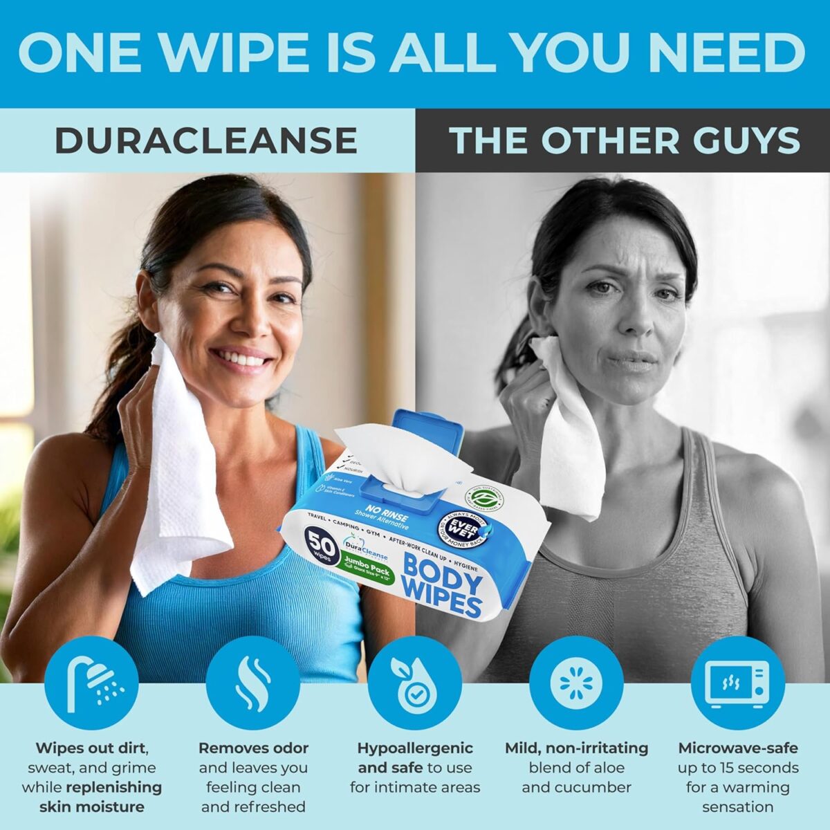 DuraCleanse Body Wipes for Adults Bathing No Rinse (2 Pack) 100 XL Shower Wipes + 8 Travel Bath Sheets - 9" x 12" Extra Thick Adult Disposable Washcloths for Elderly Incontinence & Camping Essentials - Image 3