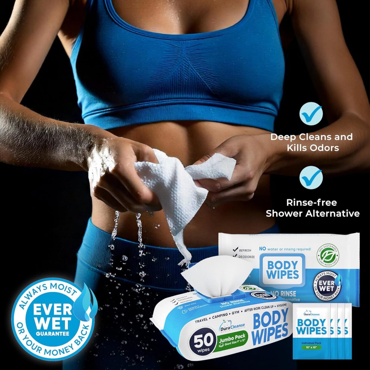 DuraCleanse Body Wipes for Adults Bathing No Rinse (2 Pack) 100 XL Shower Wipes + 8 Travel Bath Sheets - 9" x 12" Extra Thick Adult Disposable Washcloths for Elderly Incontinence & Camping Essentials - Image 5