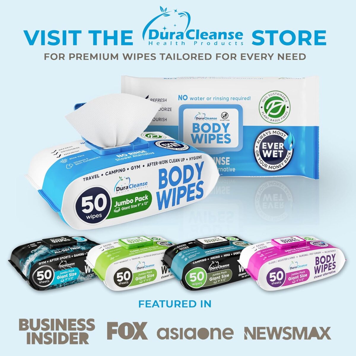 DuraCleanse Body Wipes for Adults Bathing No Rinse (2 Pack) 100 XL Shower Wipes + 8 Travel Bath Sheets - 9" x 12" Extra Thick Adult Disposable Washcloths for Elderly Incontinence & Camping Essentials - Image 8