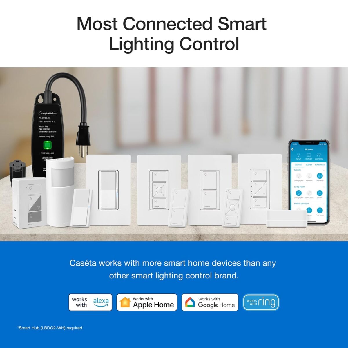 Lutron Diva Smart Dimmer Switch Kit for Caseta Smart Lighting, w/ Smart Hub, Pico Remote, & Pedestal, Works with Alexa, Apple Home, and Google Home, 3 Way, 150W, No Neutral Req, DVRF-BDG-1D-A - Image 5