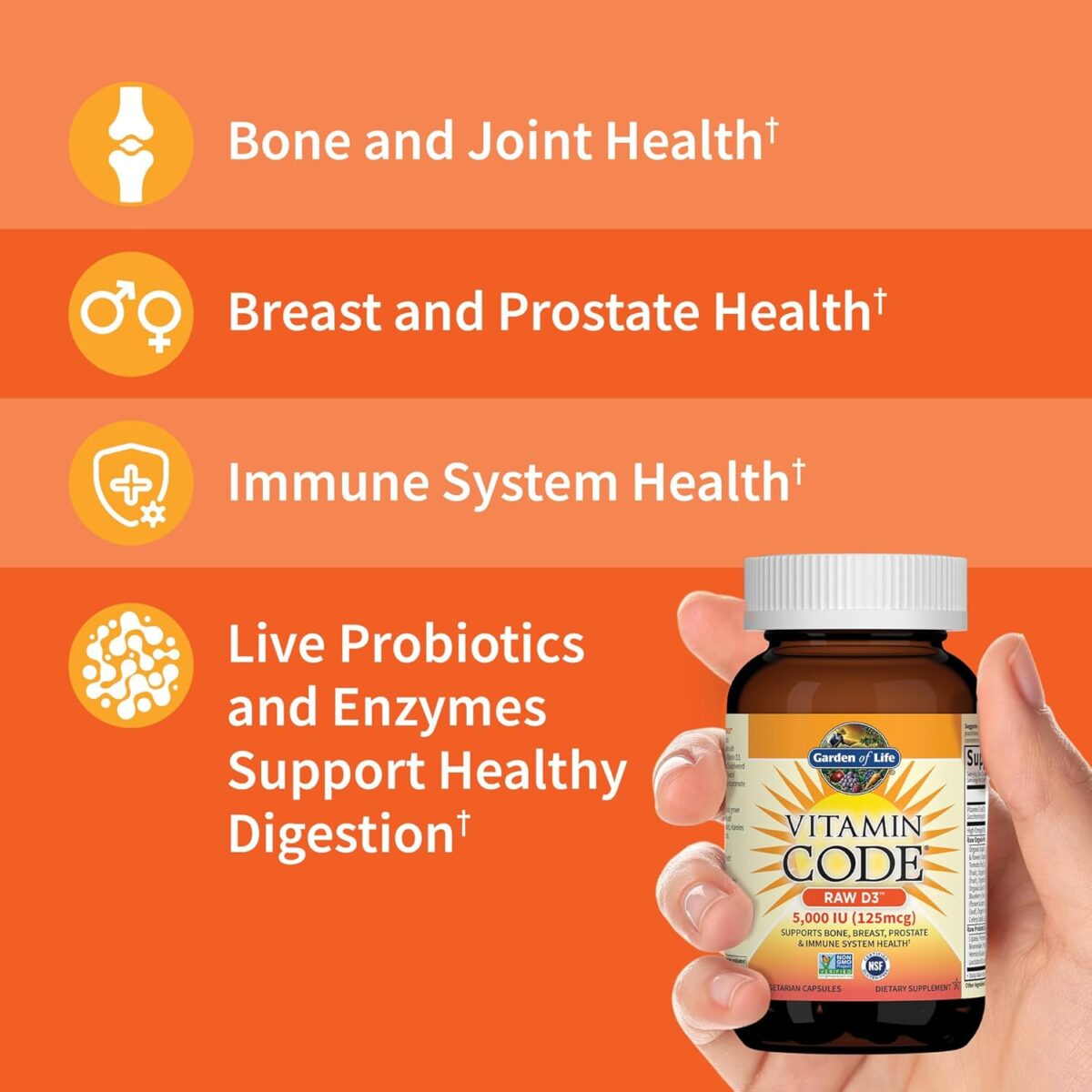 Garden of Life Vitamin D, Vitamin Code Raw D3, Vitamin D 5,000 IU, Raw Whole Food Vitamin D Supplements with Chlorella, Fruit, Veggies & Probiotics for Bone & Immune Health. 60 Vegetarian Capsules - Image 2