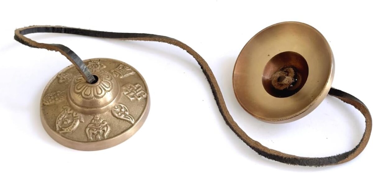 Tibetan Tingsha Bells Cymbals Meditation Chime Bells, 6.3 cm Percussion Instrument, with Cloth Bag, Embossed 8 Lucky Symbols, Ideal for Yoga, Mindfulness, Spiritual Healing, and Sound Therapy - Image 1