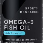 Sports Research Triple Strength Omega 3 Fish Oil - Burpless Fish Oil Supplement w/EPA & DHA Fatty Acids from Single-Source Wild Alaskan Pollock - 1250 mg, 90 ct