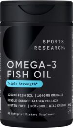 Sports Research Triple Strength Omega 3 Fish Oil - Burpless Fish Oil Supplement w/EPA & DHA Fatty Acids from Single-Source Wild Alaskan Pollock - 1250 mg, 90 ct
