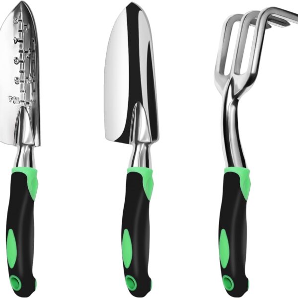 Garden Tool Set, 3 Pack Aluminum Heavy Duty Gardening Kit Includes Hand Trowel, Transplant Trowel and Cultivator Hand Rake with Soft Rubberized Non-Slip Ergonomic Handle, Garden Gifts