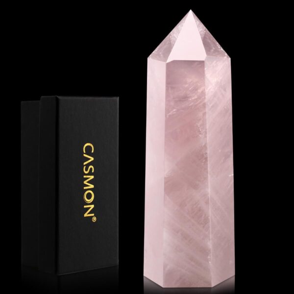 CASMON Large Healing Crystal Wands 3.9"-4.3"(10-11cm), Natural Rose Quartz Obelisk Crystal Tower Stone, 6 Faceted Single Healing Crystal Point for Reiki Chakra Meditation Therapy (1PC)
