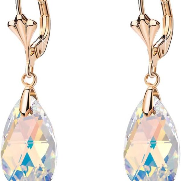 Austrian Crystal Teardrop Leverback Dangle Earrings for Women Fashion 14K Gold Plated Hypoallergenic Jewelry