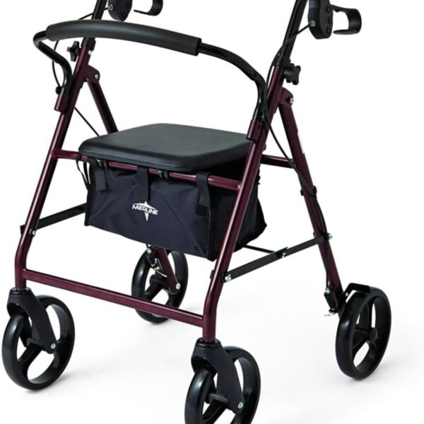 Medline Steel Rollator Walker for Adult Mobility Impairment, Burgundy, 350 lb. Weight Capacity, 8” Wheels, Foldable, Adjustable Handles, Rolling Walker for Seniors