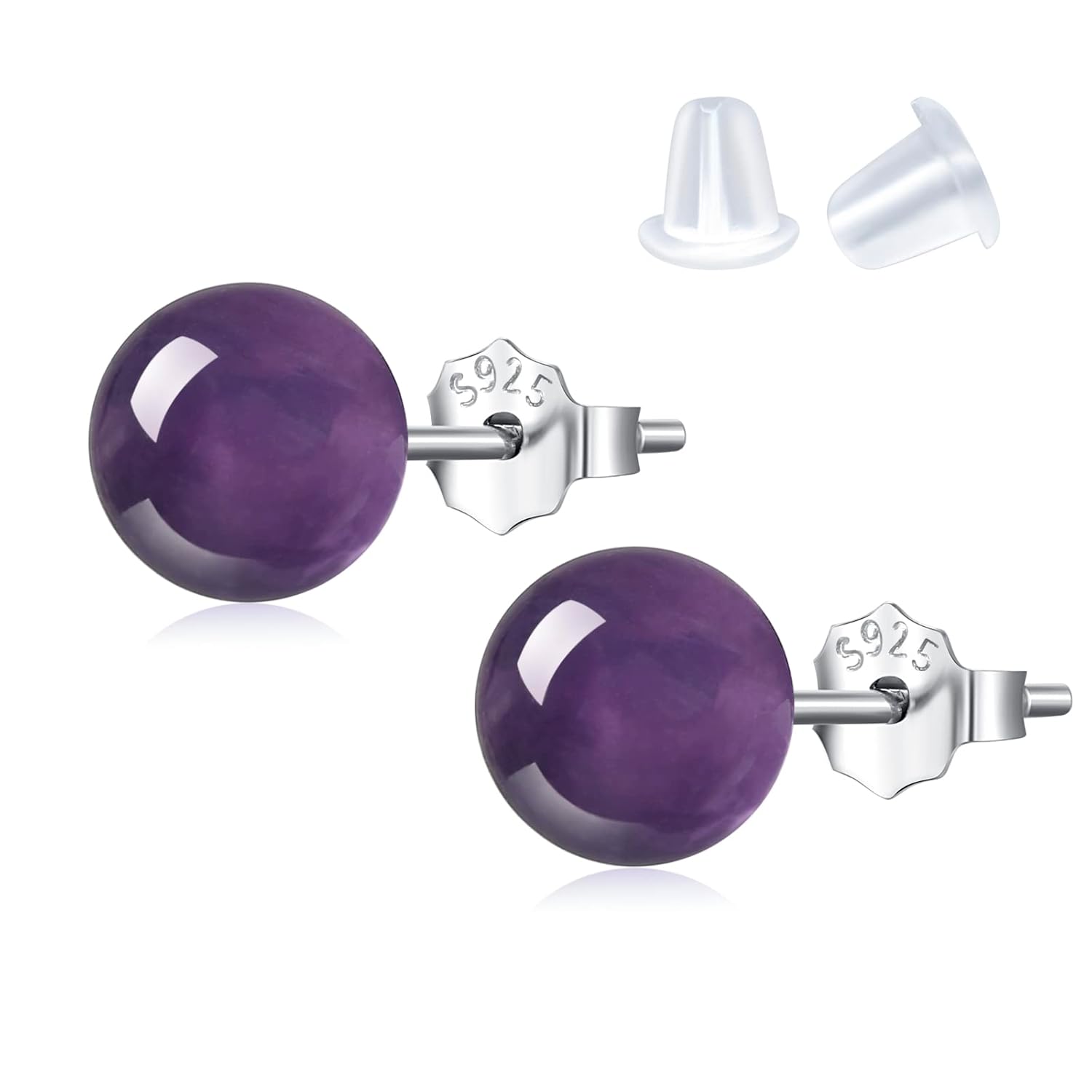 51o7553EjQL._SL1500_.jpg Natural Amethyst Earrings Sterling Silver - 6mm Amethyst Gemstone Stud Earrings, Purple Healing Crystal Earrings Handmade Birthstone Jewelry Valentine's Day Gifts for Her - Image 1