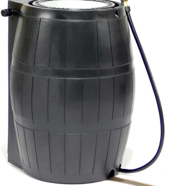 FCMP Outdoor Raincatcher, Flat-Back Rain Barrel with Spigots, 50-Gallon, Black