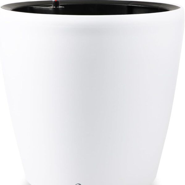 Dexceder 18x17 Self Watering Planter with Wheels Indoor Outdoor, Inner Pot Design, Thickened Large Floor Standing Flower Plant Pot with Water Level Indicator (White Matte)