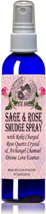 Mystic Angel White Sage & Rose Smudge Spray (4 oz.) with Reiki Charged Rose Quartz Crystal