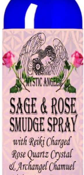 Mystic Angel White Sage & Rose Smudge Spray (4 oz.) with Reiki Charged Rose Quartz Crystal
