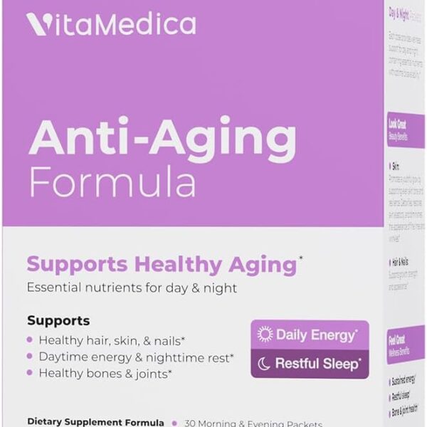 VitaMedica Anti-Aging Formula 4-in-1 Health and Beauty Supplement | Anti Aging Supplement for Women and Men | Healthy Hair, Skin, and Nails | Natural Energy & Restful Sleep | 30 AM & PM Packets