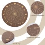INFUNLY Moonphase Crystal Grid Wood Board 9.84×9.84inch Flower of Life Sacred Geometry Wooden Board Mandala Crystal Tray Lotus Grey Crystal Holder Tray Round Solid Coaster for Jewelry Rock Home Decor - Image 3