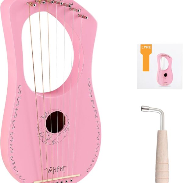 Lyre Harp VANPHY Lyre Harp 7 Strings Mahogany Body Metal String for Beginner Harp Classical Style Harp Instrument with Tuning Wrench Strings Songbook Gig Bag (Pink)
