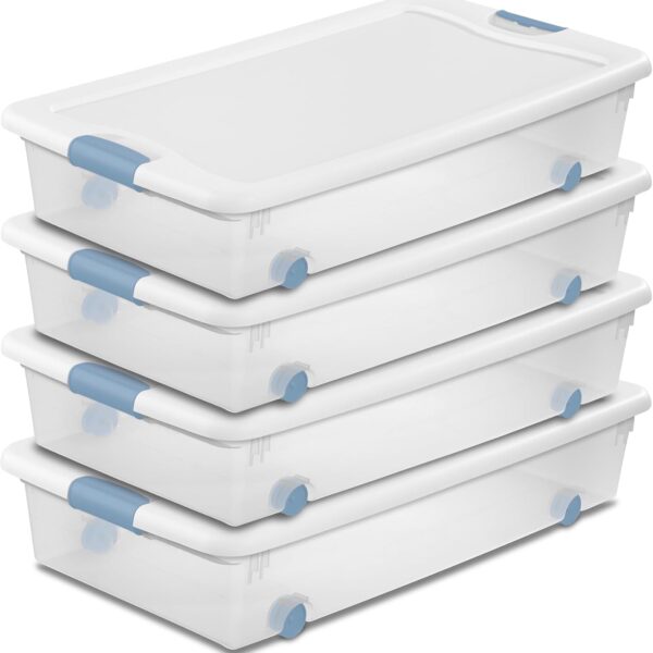Sterilite 4-Pack Latching Box, Under Bed Storage Bins with Lids, Clear Plastic, 56 Quart