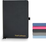 Promot Ruled Journal Notebook - Custom Embossed Text with Gold Metallic Foil - A5 Black 192 Lined Pages 8.2 x 5.5 Inch, 100 GSM, Pen Loop, Inner Pocket, Elastic Band, PU Leather Hardcover