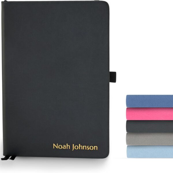 Promot Ruled Journal Notebook - Custom Embossed Text with Gold Metallic Foil - A5 Black 192 Lined Pages 8.2 x 5.5 Inch, 100 GSM, Pen Loop, Inner Pocket, Elastic Band, PU Leather Hardcover