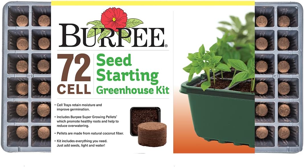 6119uXGSfnL._AC_SL1200_.jpg Burpee Greenhouse Indoor Starting Herbs, Flowers and Vegetables | Includes Dome, Watering, Seed Starter Tray, Coir Pellets | 10" W x 20" L x 5" H, One Size, 1 Kit (72 Cells) - Image 1