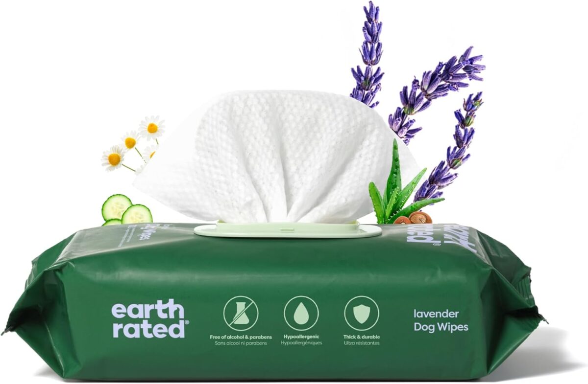 Earth Rated Dog Grooming Wipes, Hypoallergenic, Cleaning and Hydrating, for Paws, Body and Butt, Lavender Scented, 100 Count - Image 1