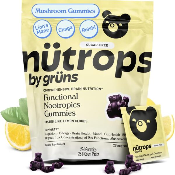 Nutrops Sugar-Free Lions Mane Mushroom Gummies for adults, Functional Nootropics, Herbal Brain Supplement for Energy, Brain Health, Cognitive, Memory & Focus, Reishi, Chaga, Cordyceps, Coriolus - 28 Day Supply