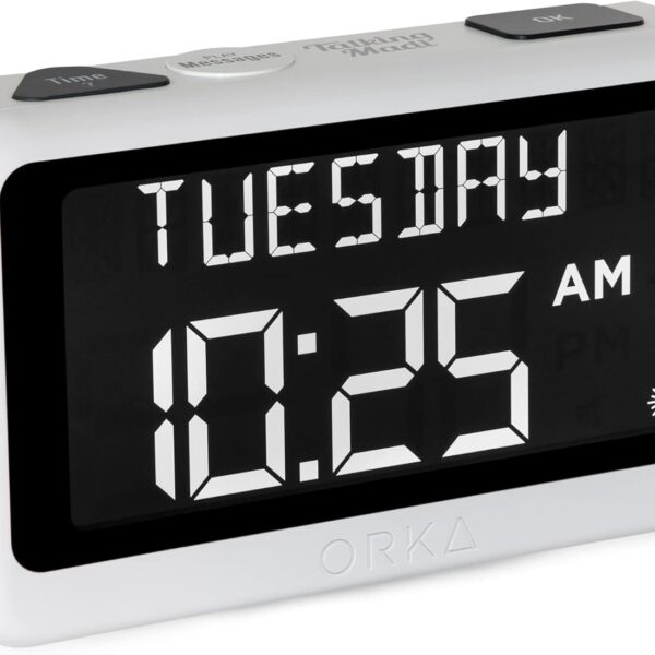 ORKA Talking Clock. Voice Recordable Ex Large Medication Pill Reminder. Talking Alarm Clock for Dementia, Hearing, Visually impaired Seniors-Digital Day Clock with Multiple Customized Alarms White