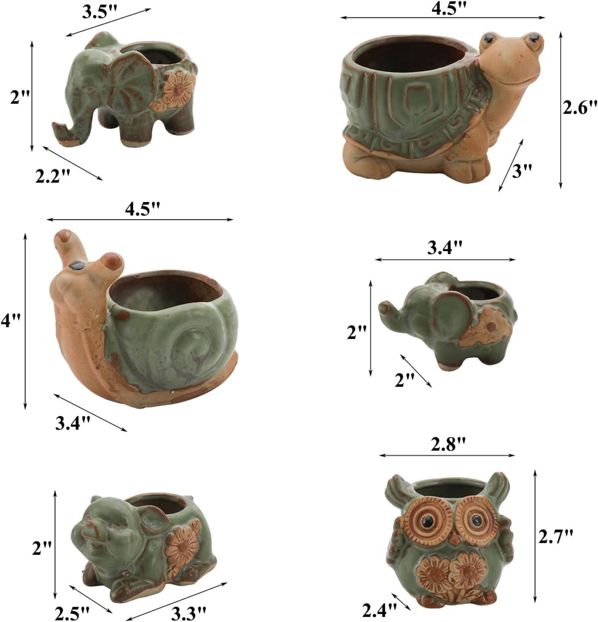 Okllen 6 Pack Mini Animal Ceramic Succulent Planter Set, Cute Elephant, Turtle, Owl, Snail, Succulent Pots with Drainage Hole, Ideal for Bonsai, Indoor, Outdoor - Image 2