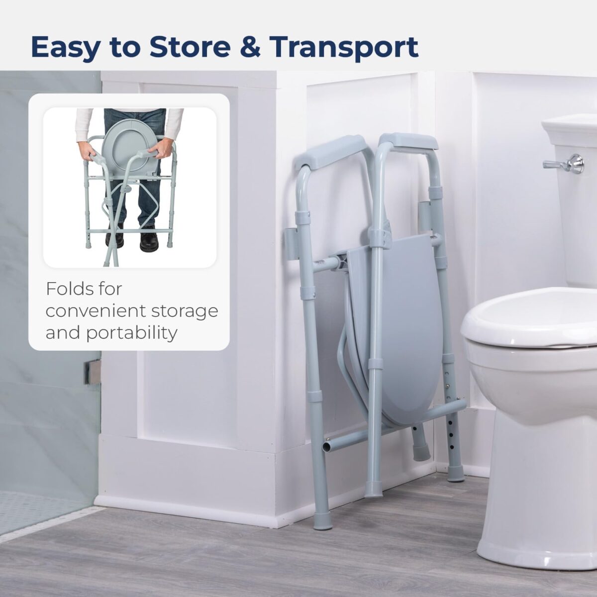Drive Medical RTL11158KDR Folding Steel Bedside Commode Chair, Portable Toilet, 350 Pound Weight Capacity with 7.5 Qt. Bucket, Grey - Image 5