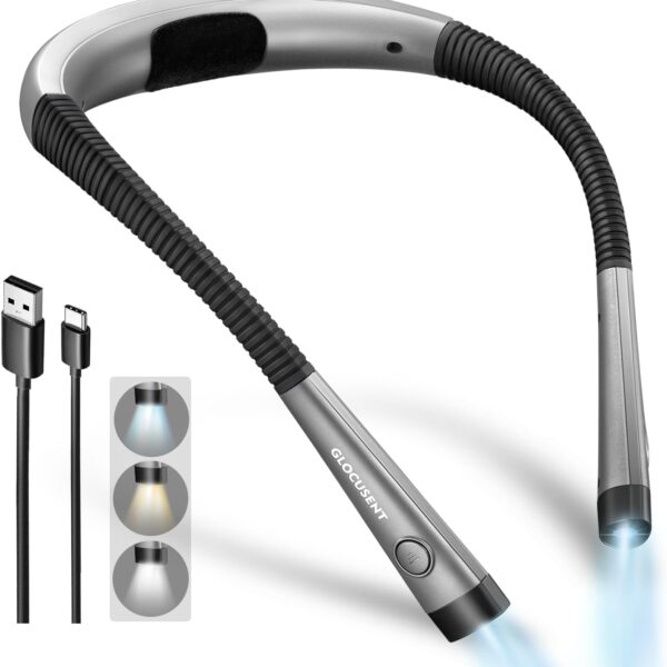 Glocusent Book Light, 3-Color & 6-Brightness Reading Light, Bendable Neck Light, 80-hr Lasting Rechargeable Lamp, Perfect Book Light for Reading in Bed, Knitting, Camping, Repairing, Book Lovers Gifts