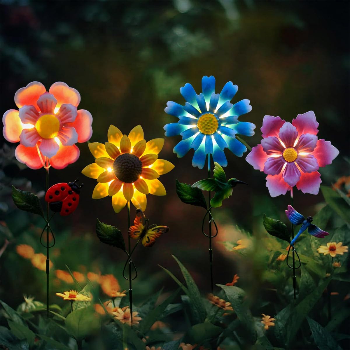 614yBz3OPL._AC_SL1200_.jpg 4 Pack Outdoor Solar Lights,Outdoor Waterproof Metal Art Stick Flowers,Garden Decor for Women Mom Grandma Halloween Hanging Metal Stakes Lights for Garden,Lawn,Patio - Image 1