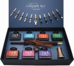 Calligraphy Pen Set – Includes Wooden Dip Pen, Antique Brass Holder, 11 Nibs, 7 Colors Ink Bottles and Beginner's Manual