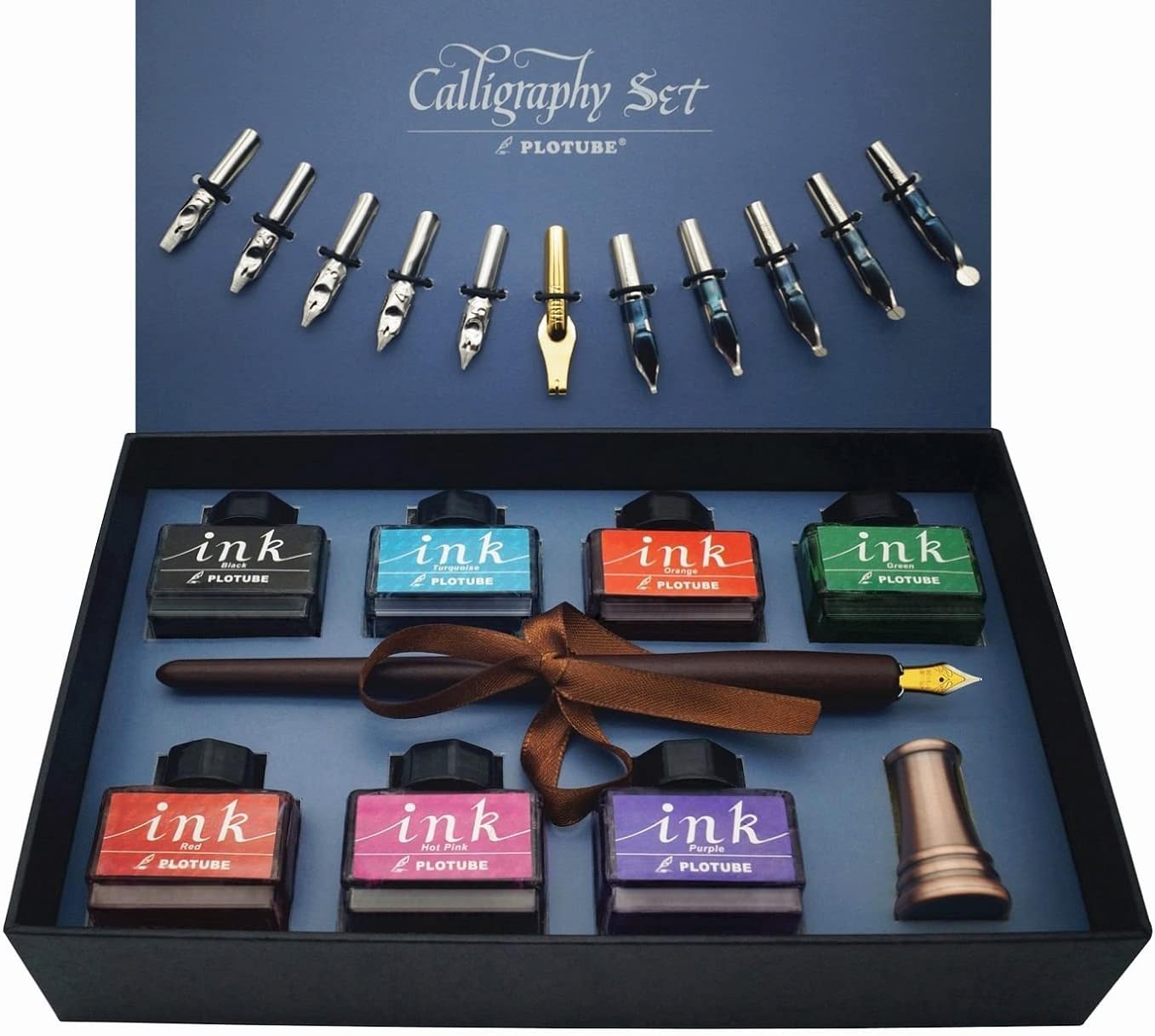 615dqFdPYhL._AC_SL1388_.jpg Calligraphy Pen Set – Includes Wooden Dip Pen, Antique Brass Holder, 11 Nibs, 7 Colors Ink Bottles and Beginner's Manual - Image 1