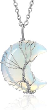 Bestyle Tree of Life Wrapped Healing Crystal Necklaces 12 Month Birthstone Pendant for Women, Crescent/Heart Gemstone Jewelry, Vintage Birthday Gifts/Energy Gift