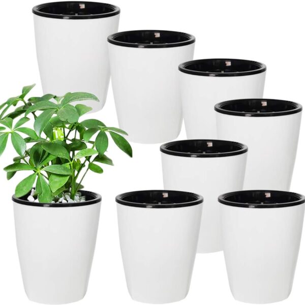 OJYUDD 8 Pack 4 Inch Self Watering Plastic Planter with Inner Pot White Flower Plant Pot,Modern Decorative Flower Pot for All House Plants,Flowers,Herbs,African Violets