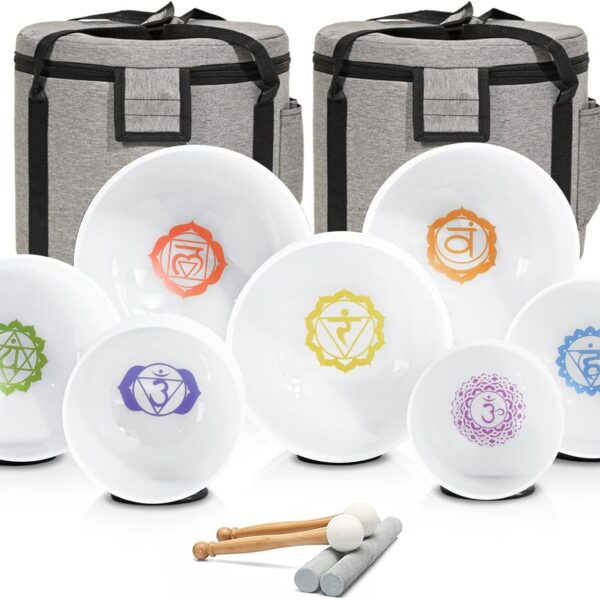 432HZ 7-12 Inch Chakra Symbol Design Frosted Quartz Crystal Singing Bowl with 2 PCS Travel Carry Case Bag for Sound Healing