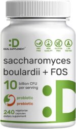 Saccharomyces Boulardii + FOS, 10 Billion CFU, 240 Veggie Capsules – Probiotics & Prebiotics for Women & Men – Gut & Digestive Health Supplement – Non-GMO
