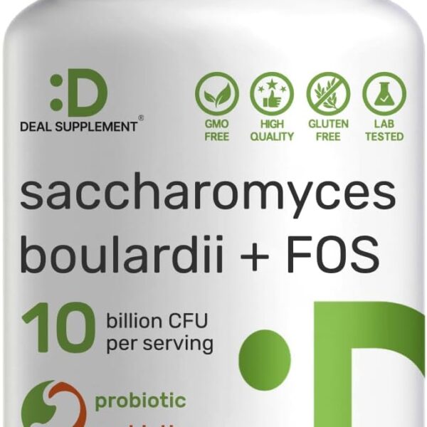 Saccharomyces Boulardii + FOS, 10 Billion CFU, 240 Veggie Capsules – Probiotics & Prebiotics for Women & Men – Gut & Digestive Health Supplement – Non-GMO