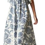 ZMPSIISA Women's Summer Off The Shoulder Maxi Dress Ruffle Strapless Blue White Porcelain Boho Casual Loose Long Dresses
