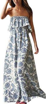 ZMPSIISA Women's Summer Off The Shoulder Maxi Dress Ruffle Strapless Blue White Porcelain Boho Casual Loose Long Dresses