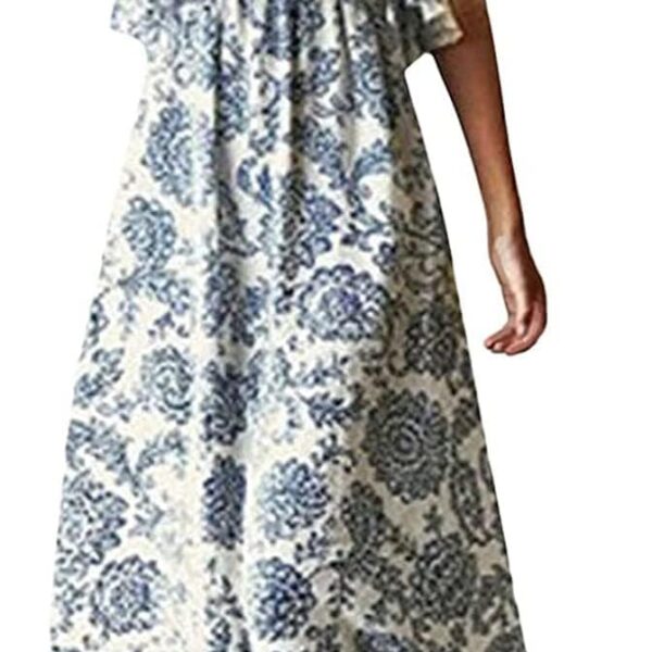 ZMPSIISA Women's Summer Off The Shoulder Maxi Dress Ruffle Strapless Blue White Porcelain Boho Casual Loose Long Dresses