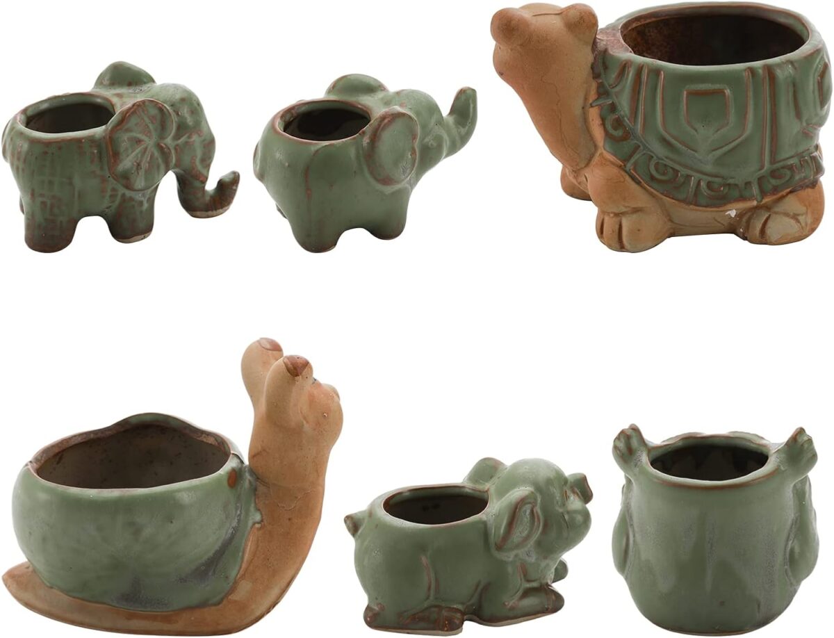 Okllen 6 Pack Mini Animal Ceramic Succulent Planter Set, Cute Elephant, Turtle, Owl, Snail, Succulent Pots with Drainage Hole, Ideal for Bonsai, Indoor, Outdoor - Image 3