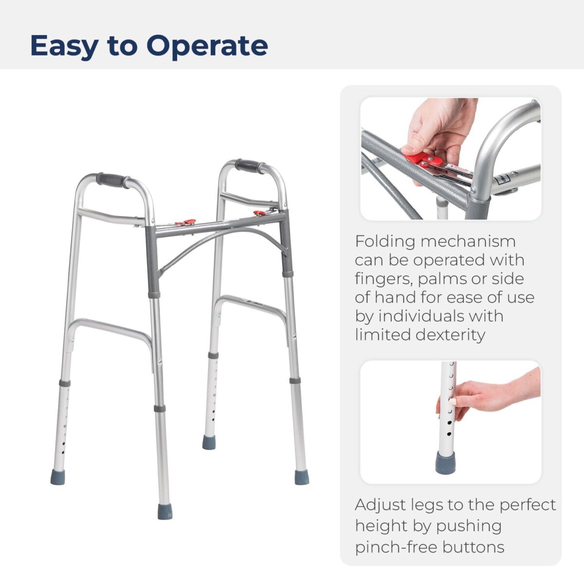 Drive Medical Deluxe 2-Button Folding Walker, Lightweight Walkers for Seniors and Adults, Medical Walker, Bariatric Walker (Up to 350 Pounds), Standard, Silver - Image 3
