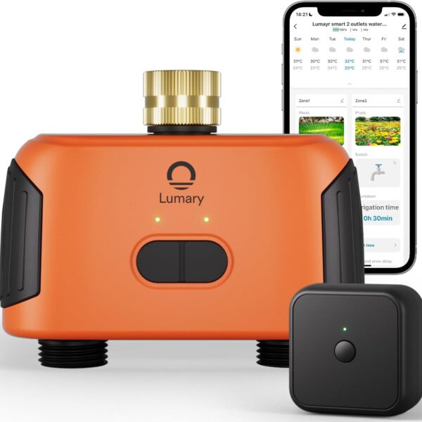 Lumary Smart Sprinkler Timer 2 Zone, WiFi Water Timer for Garden Hose, Brass Inlet Water Hose Timer Outdoor, Manual/Automatic Drip Irrigation Timer, App/Voice Control Work with Alexa, Orange, L-WT2A1