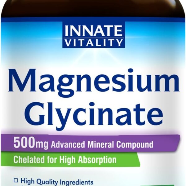 Innate Vitality Magnesium Glycinate 500mg | 70mg Elemental Magnesium Supplement- High Absorption, Non Buffered, Non-GMO & No Gluten - Nerve, Muscle, Bone Health - 120 Vegan Capsules Magnesio