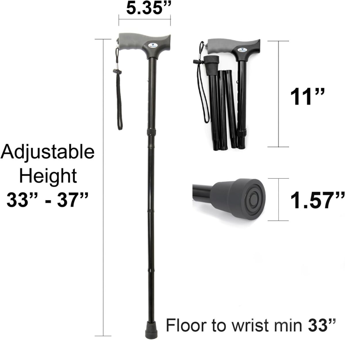 FSA/HSA Eligible, Vaunn Medical Easy Grip Height Adjustable Folding Cane/Walking Stick with Strap/Pouch- Compact, Portable, and Safe Walking Assistant- Non-Slip Grip Handle- Men, Women, Elderly - Image 2